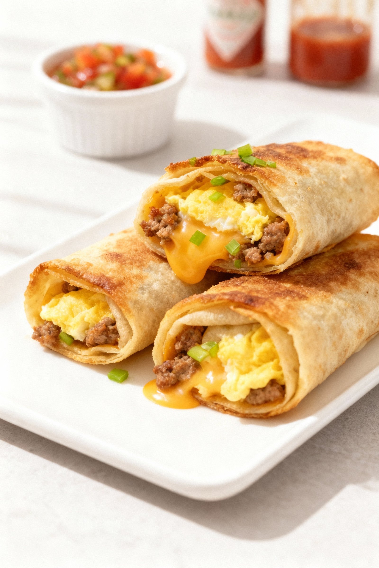 Easy Sausage Egg &Amp; Cheese Roll-Ups - A Simple, Satisfying Breakfast 2 Close-up side view of crispy sausage egg & cheese roll-ups just out of the skillet, neatly arranged