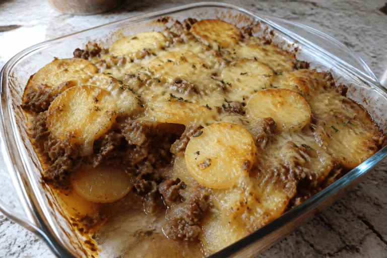 French onion ground beef and potato bake