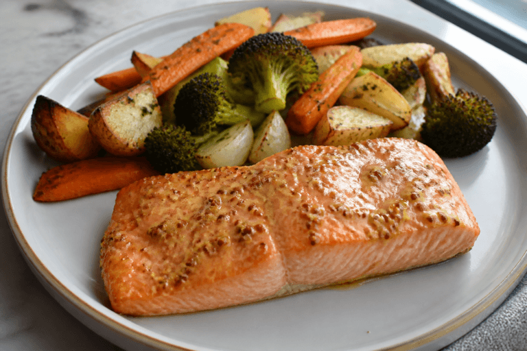 Maple dijon baked salmon with roasted vegetables