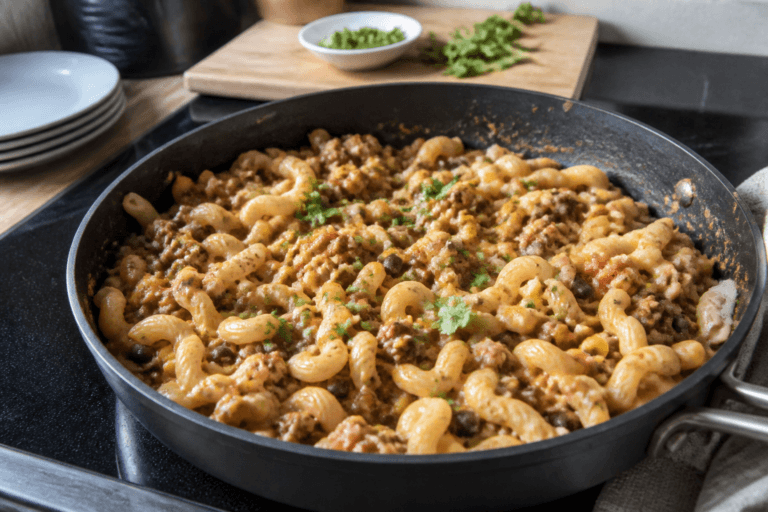 Creamy taco ranch ground beef pasta skillet – a quick one pot dinner