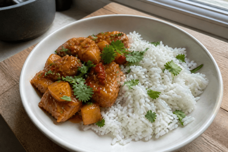 Sticky mango chili chicken with coconut rice