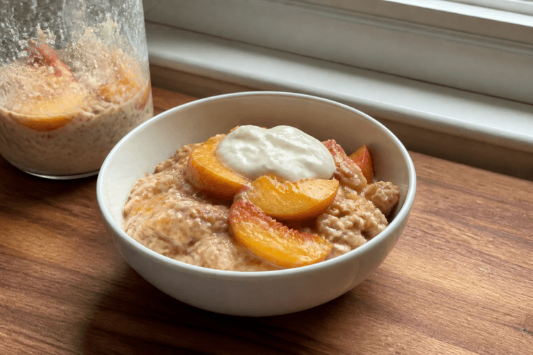 Peach cobbler overnight oats with vanilla yogurt