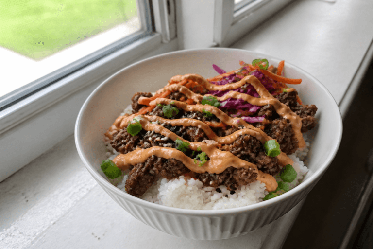 Korean style ground beef rice bowls with spicy mayo