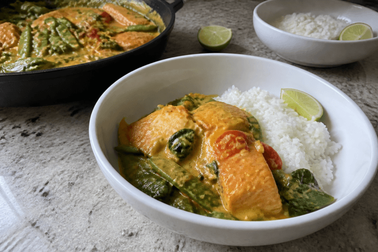 Coconut lime salmon curry with jasmine rice