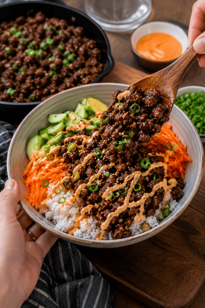Korean style ground beef rice bowls with spicy mayo 1