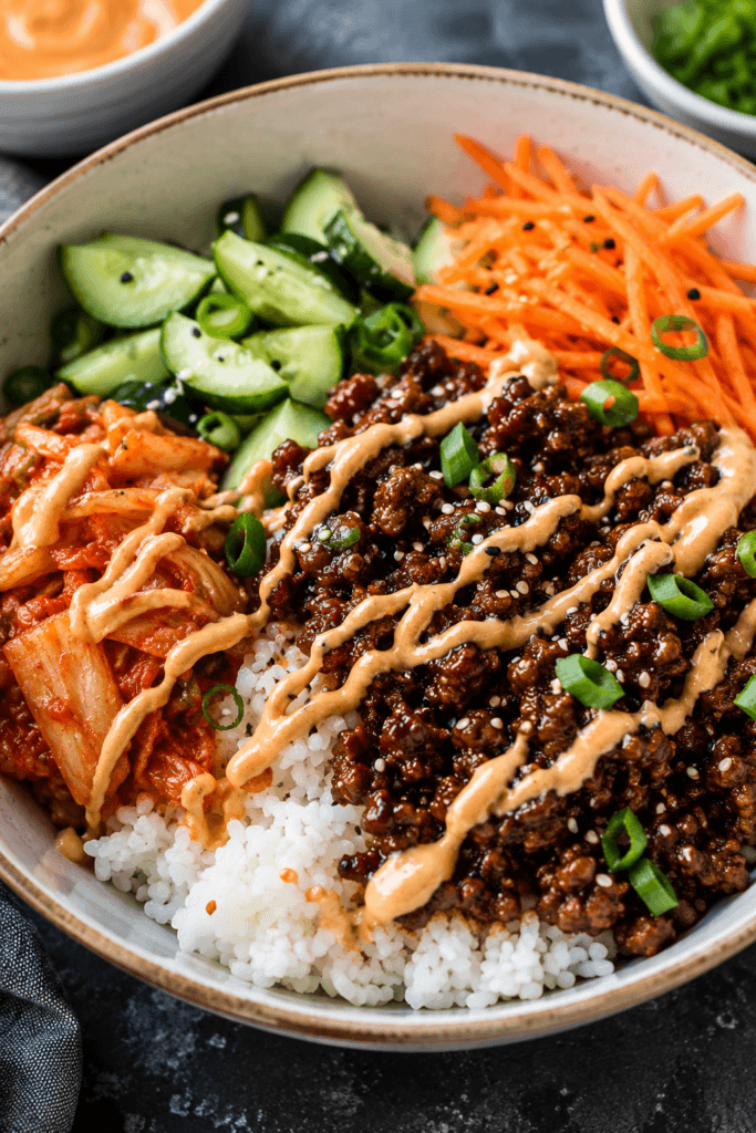 Korean style ground beef rice bowls with spicy mayo