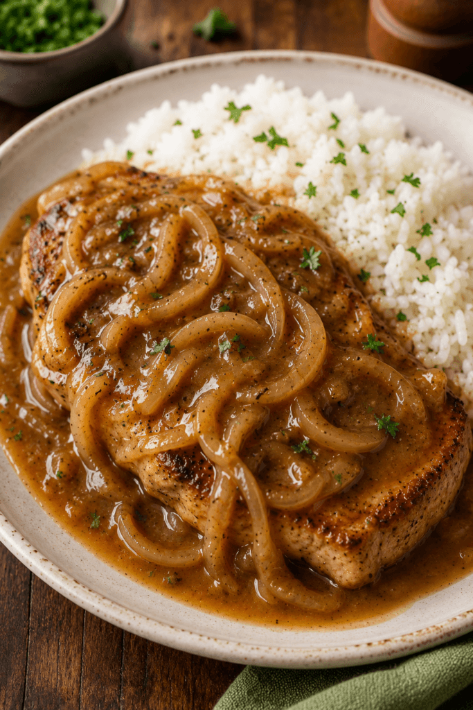 Savory pork chops with onion gravy