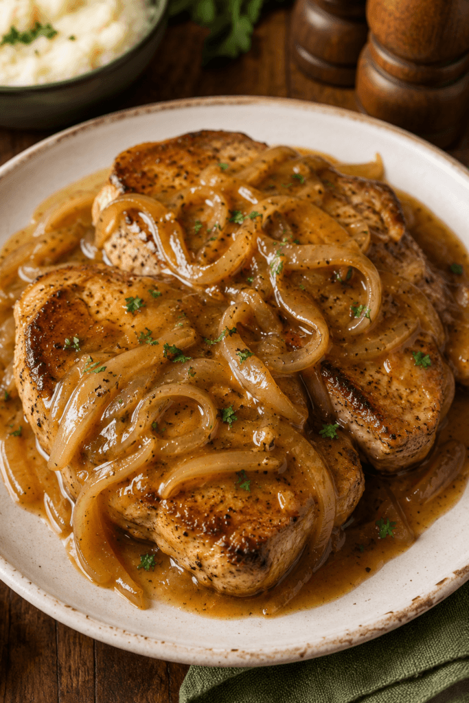 Smothered boneless pork chops with onion gravy