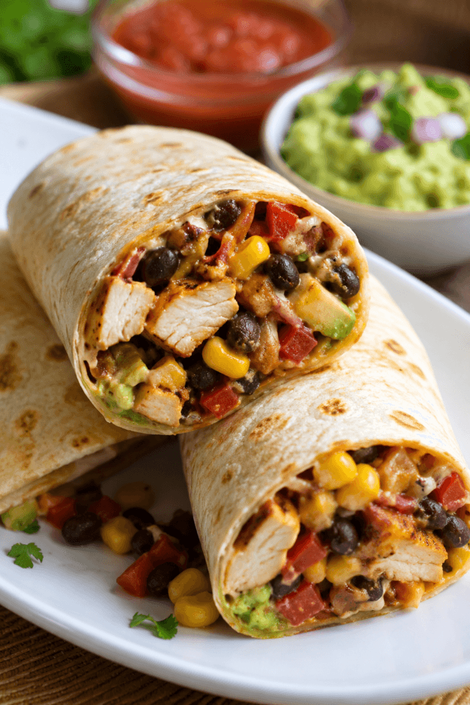 Southwest Chicken Wraps With Black Beans And Corn 1 Tortilla wraps with salsa and guacamole