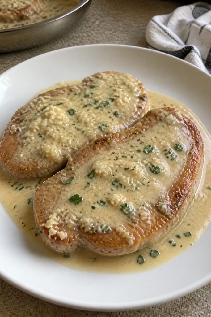 Creamy Garlic Parmesan Boneless Pork Chops - Easy One-Pan Dinner 1 Same recipe photoshoot, same home kitchen, same natural window light, same smartphone camera style,