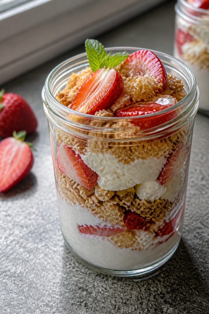 High Protein Strawberry Shortcake Breakfast Parfaits 1 Same recipe photoshoot, same home kitchen, same natural window light, same smartphone camera style,