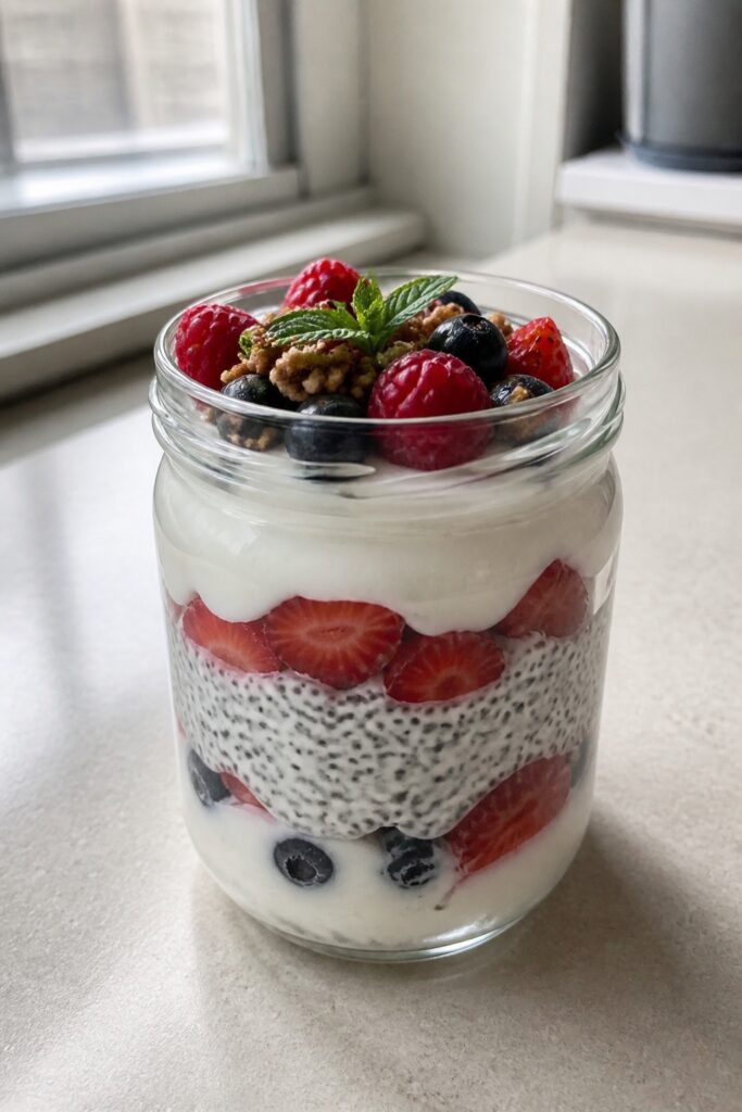 Chia Yogurt Parfait With Fresh Berries - A Simple, Fresh Breakfast 1 Same recipe photoshoot, same home kitchen, same natural window light, same smartphone camera style,