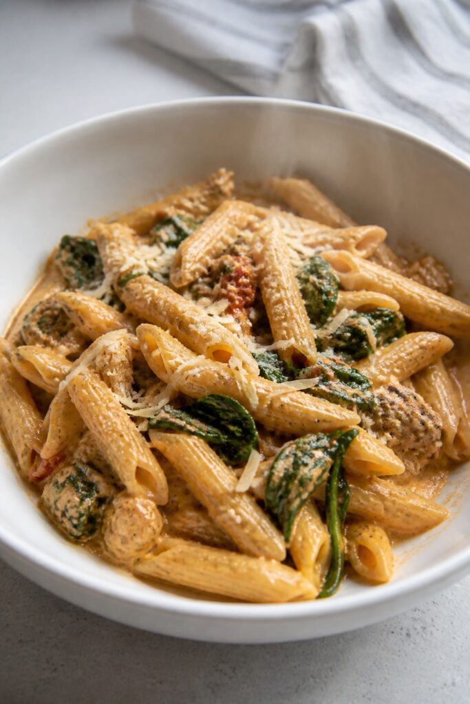 One Pot Tuscan Sausage Spinach Pasta - A Simple Weeknight Dinner 1 Same recipe photoshoot, same home kitchen, same natural window light, same smartphone camera style,
