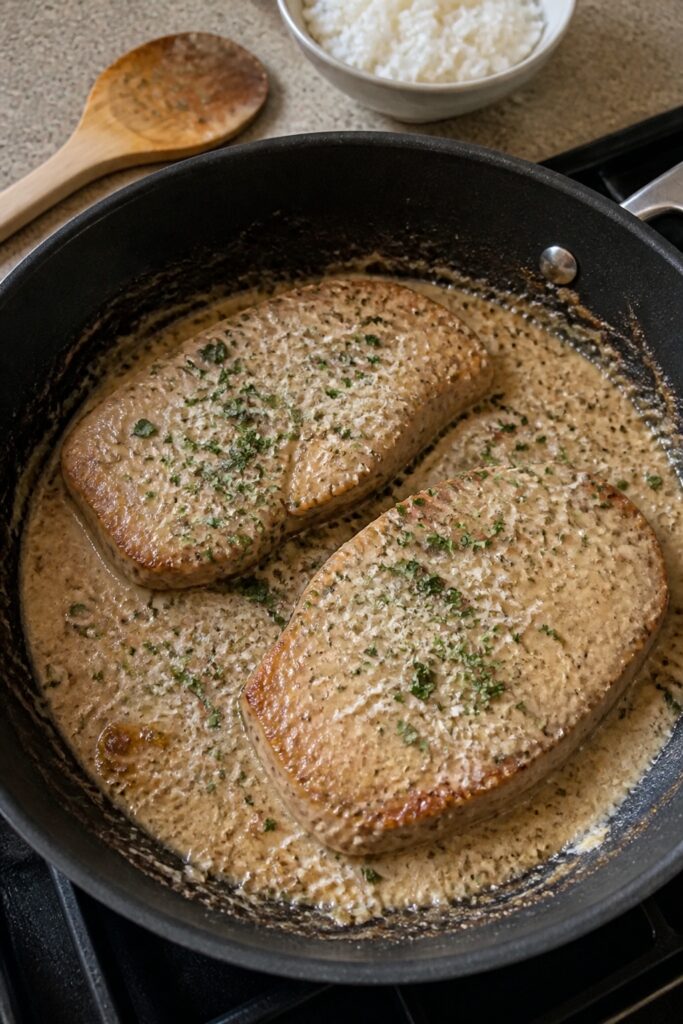 Creamy Garlic Parmesan Boneless Pork Chops - Easy One-Pan Dinner 2 Same recipe photoshoot, same home kitchen, same natural window light, same smartphone camera style,