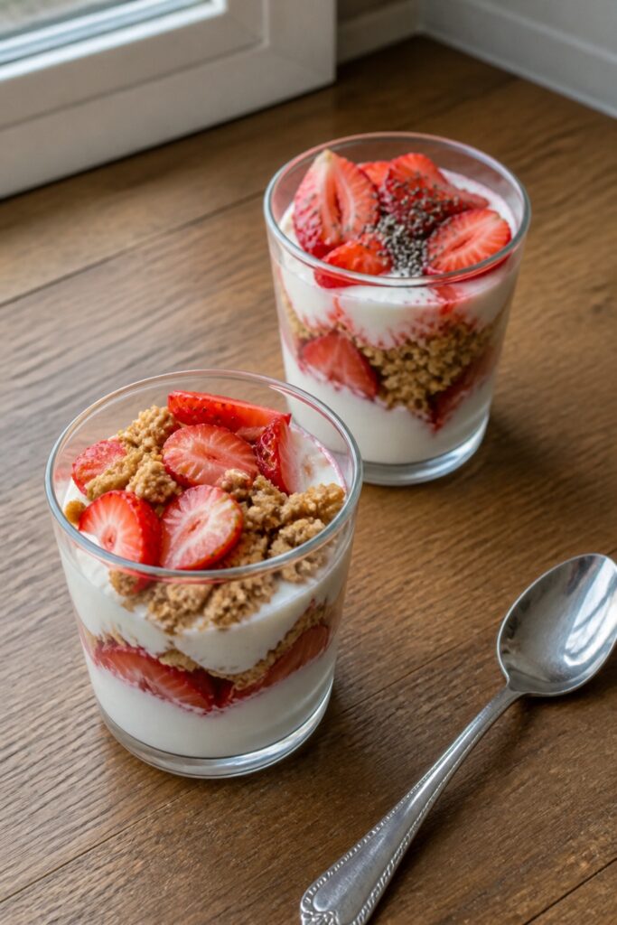 High Protein Strawberry Shortcake Breakfast Parfaits 2 Same recipe photoshoot, same home kitchen, same natural window light, same smartphone camera style,