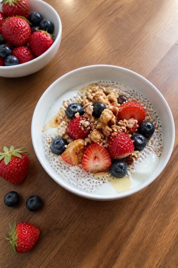 Chia Yogurt Parfait With Fresh Berries - A Simple, Fresh Breakfast 2 Same recipe photoshoot, same home kitchen, same natural window light, same smartphone camera style,