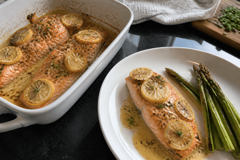 Baked salmon with lemon butter sauce – a simple, flavorful dinner