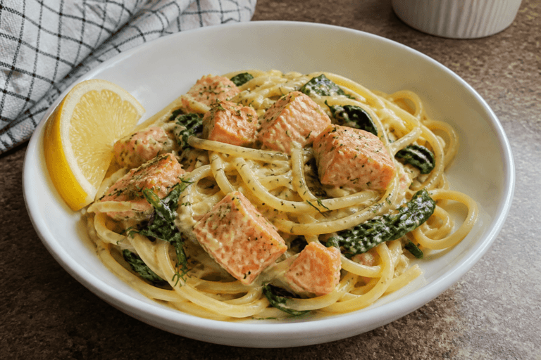 Lemon dill salmon pasta with spinach – a fresh, easy dinner