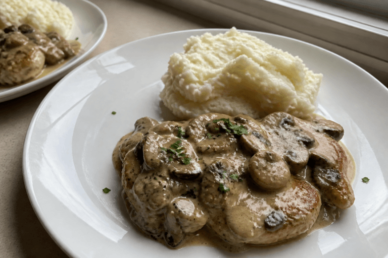 Creamy mushroom pork chops with mashed potatoes