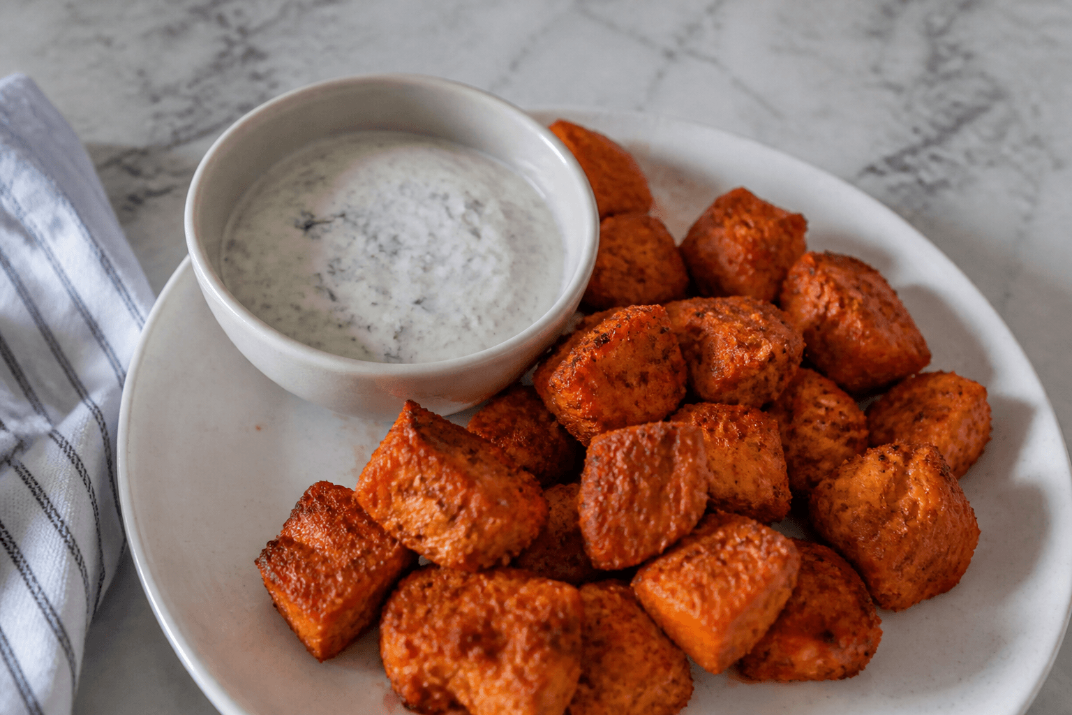 Air fryer buffalo salmon bites with ranch yogurt dip