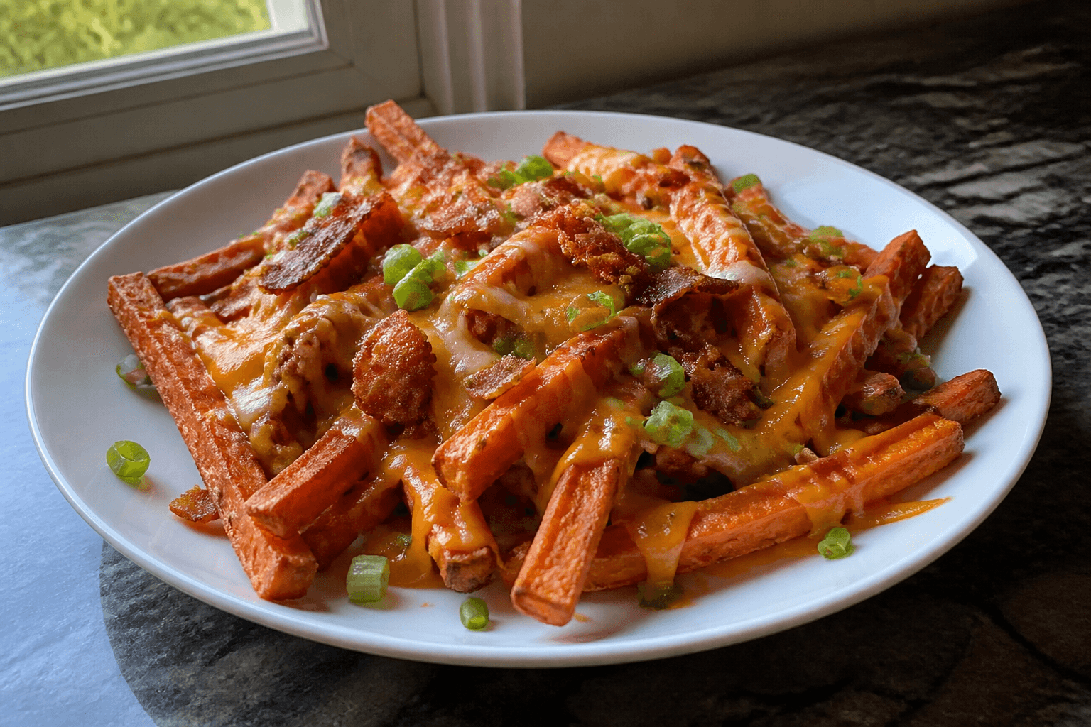 Loaded sweet potato fries with cheese and bacon