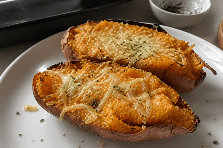 Garlic butter baked sweet potatoes with parmesan