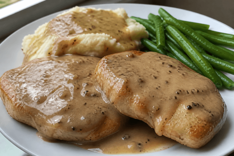 Garlic butter smothered pork chops with creamy gravy