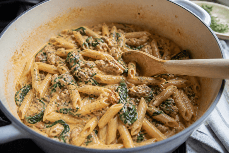 One pot tuscan sausage spinach pasta – a simple weeknight dinner