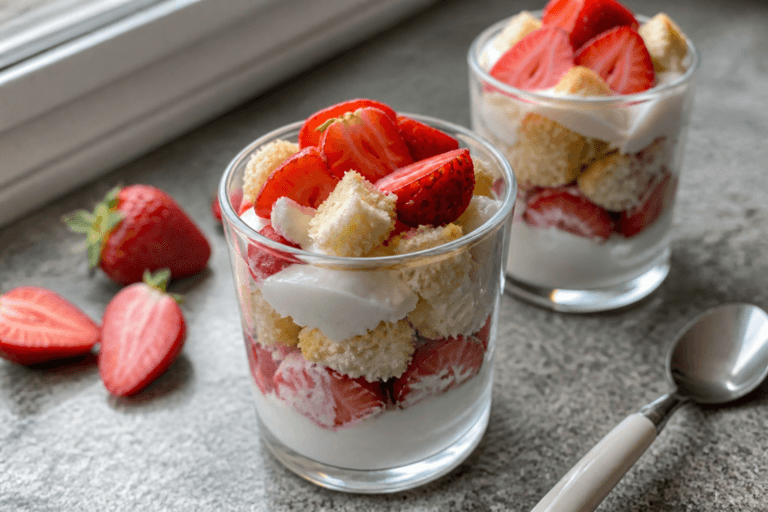 High protein strawberry shortcake breakfast parfaits